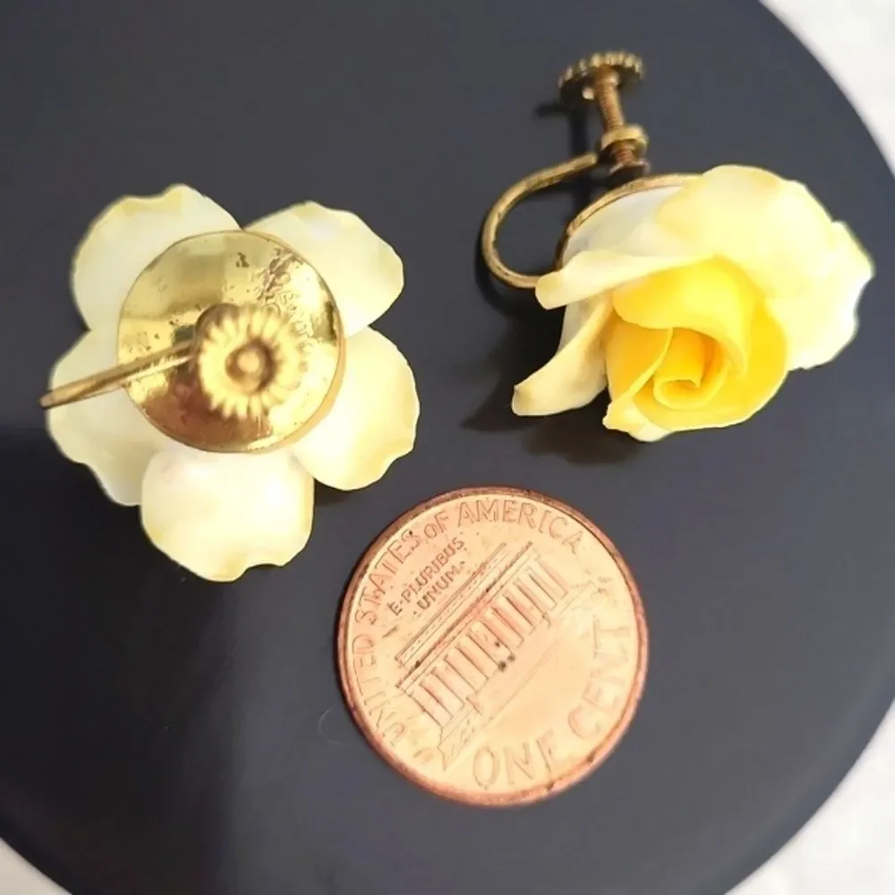Vintage 1950s-60s Denton England Bone China,Yellow Rose Screw Back Earrings